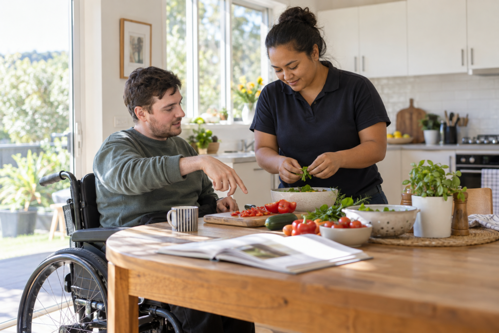 Support worker helping prepare a meal at home